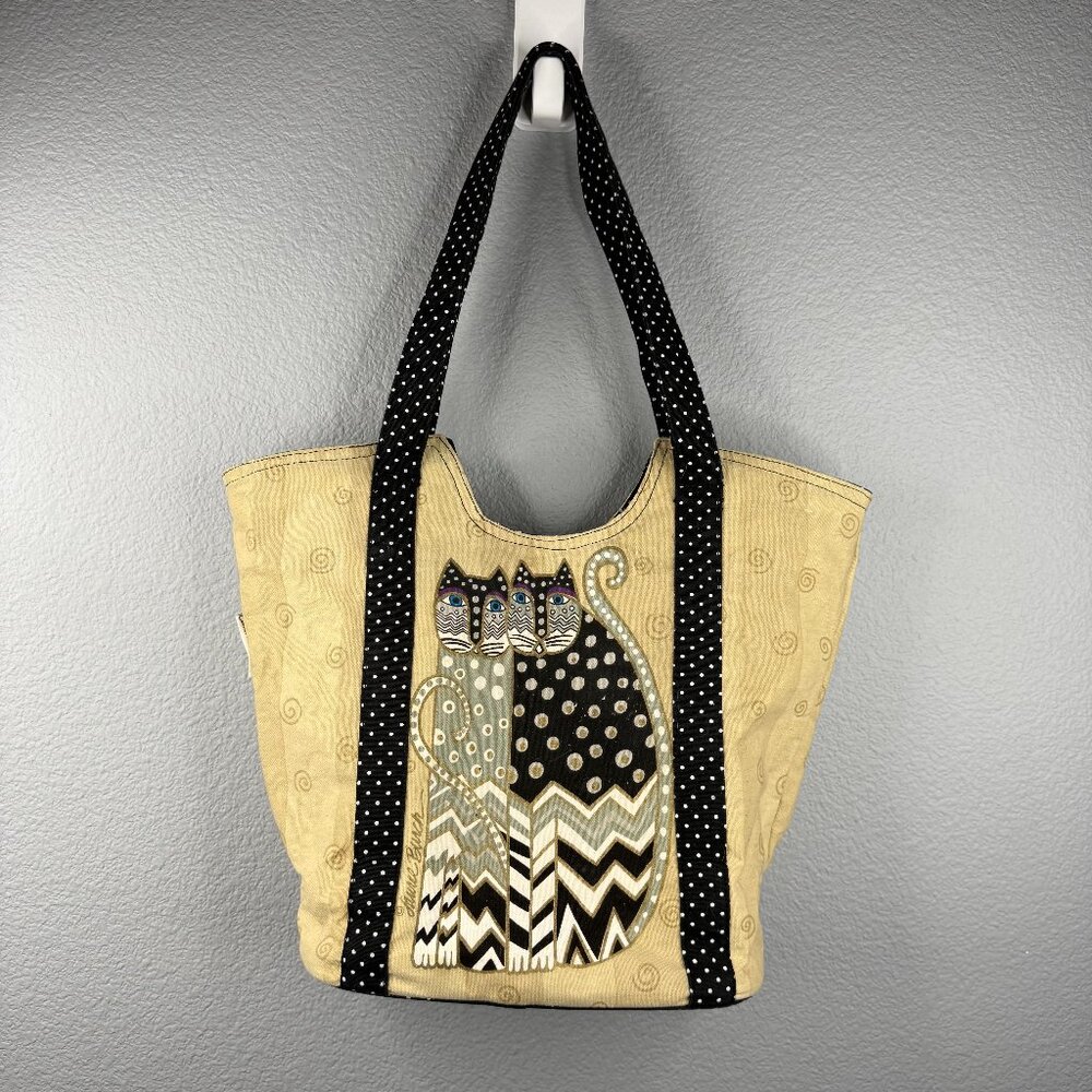Laurel Burch Stripe Polka Dot Neutral Colors Cat Tote Bag